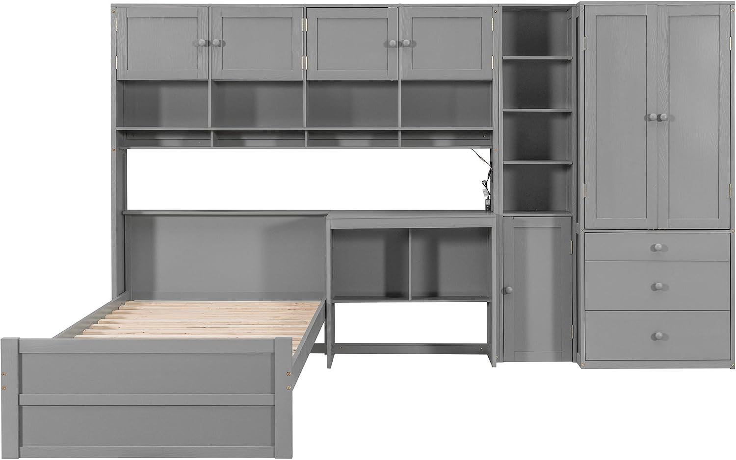 Multifunctional Design Twin Size Platform Bed with All-in-One Vertical Cabinet Bookcase and Desk, Solid Wood Platform Bed Frame with Storage Headboard, Drawers and Shelves (Gray-1.2)