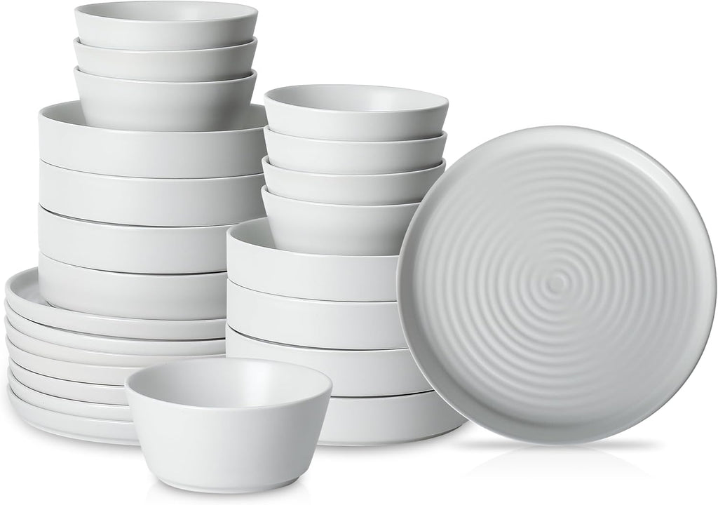 Stone Lain Elica 24-Piece Modern Dinnerware Set Stoneware, Plates and Bowl Sets for 8, White