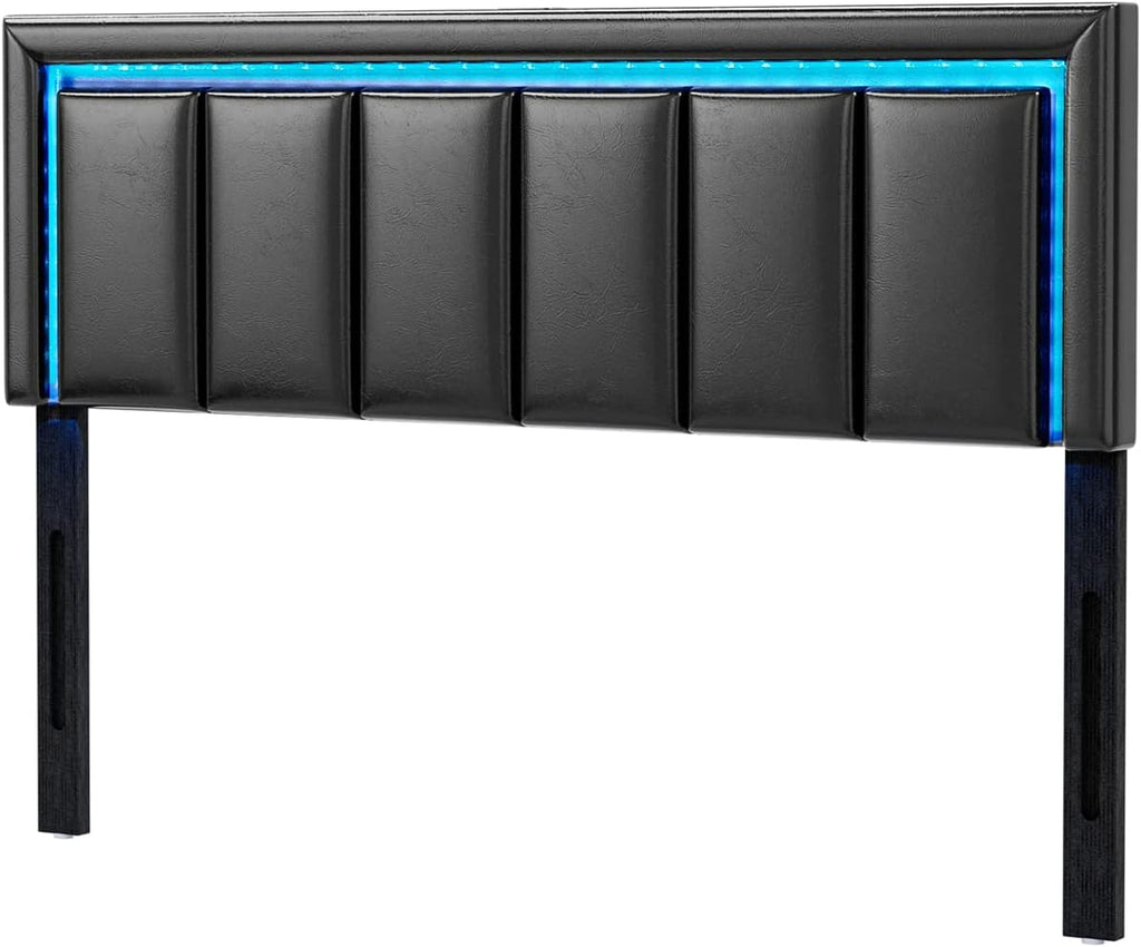 IKIFLY Full Size LED Headboard with 2 USB Ports, Adjustable Height - Modern Upholstered Faux Leather Full Headboard Only with Changing LED Lights, Easy Assembly, Black