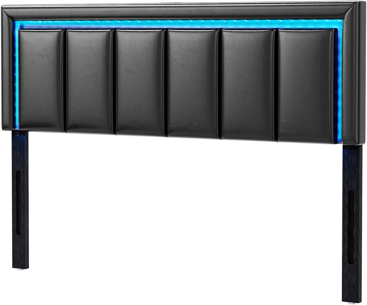 IKIFLY Full Size LED Headboard with 2 USB Ports, Adjustable Height - Modern Upholstered Faux Leather Full Headboard Only with Changing LED Lights, Easy Assembly, Black