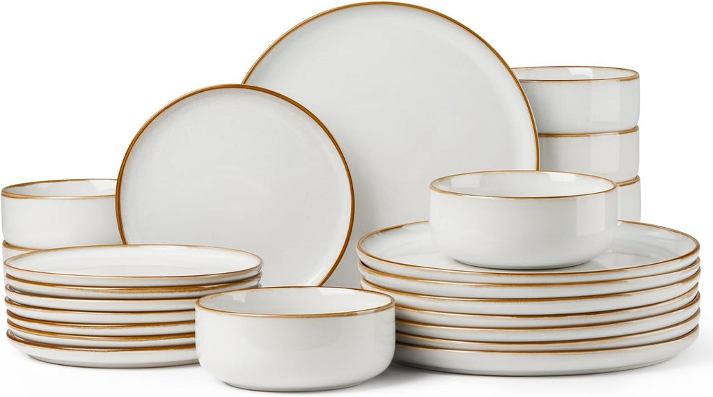 Herogo 24 Pieces Stoneware Dinnerware Dishes Sets for 8, Kitchen Handmade Dining Plates and Bowls Sets, Double Reactive Glaze, Microwave & Dishwasher Safe, Scratch Resistant, Ivory White