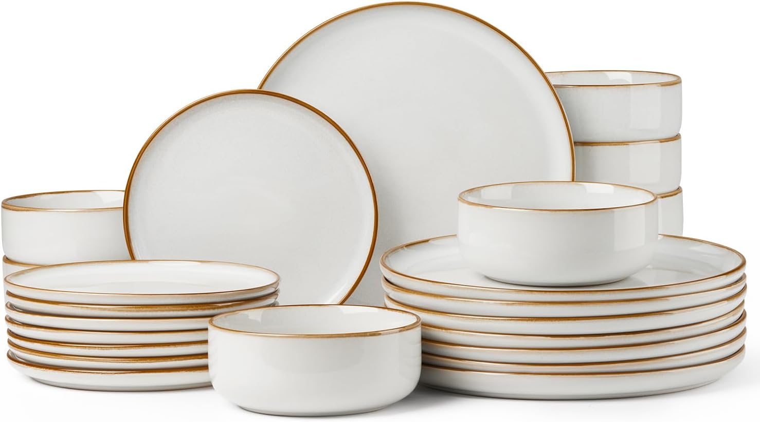 Herogo 24 Pieces Stoneware Dinnerware Dishes Sets for 8, Kitchen Handmade Dining Plates and Bowls Sets, Double Reactive Glaze, Microwave & Dishwasher Safe, Scratch Resistant, Ivory White