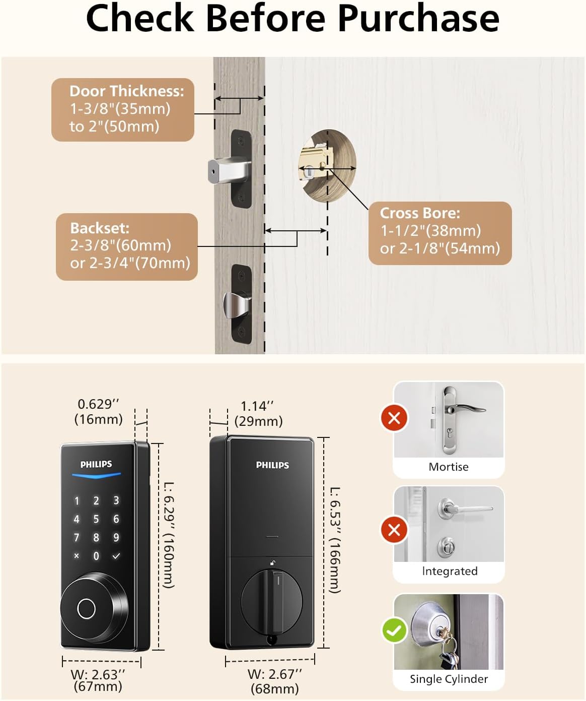 Philips Smart Door Lock with Apple Home, Matter Over Thread, Keyless Entry Door Lock with App Remote Control, Touchscreen Fingerprint Front Door Lock Set, Deadbolt Lock with Apple Home, Alexa, Google