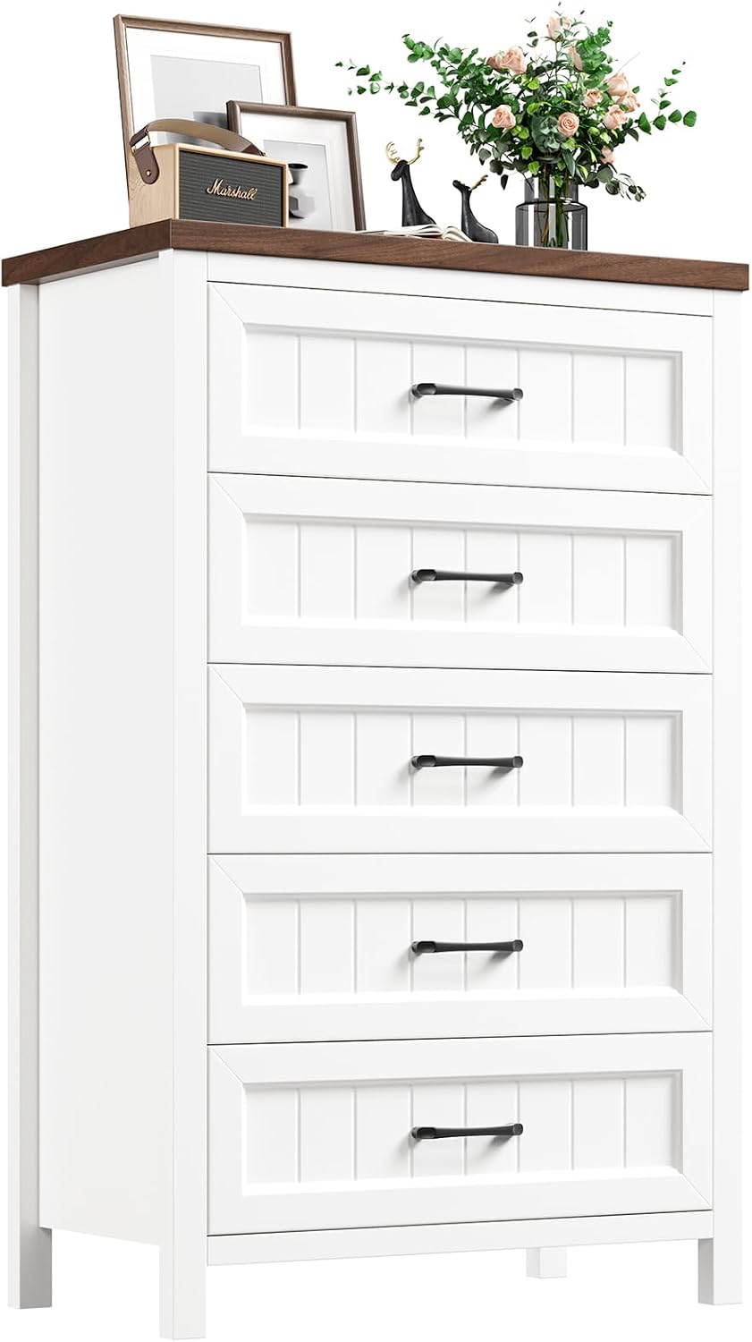 Jocoevol 5 Drawer Dresser for Bedroom - Farmhouse 44.9' Tall Chest of Dresser with Large Storage, Rubst Wood Construction for Living Room, Hallway & Entryway - White (White & Brown)