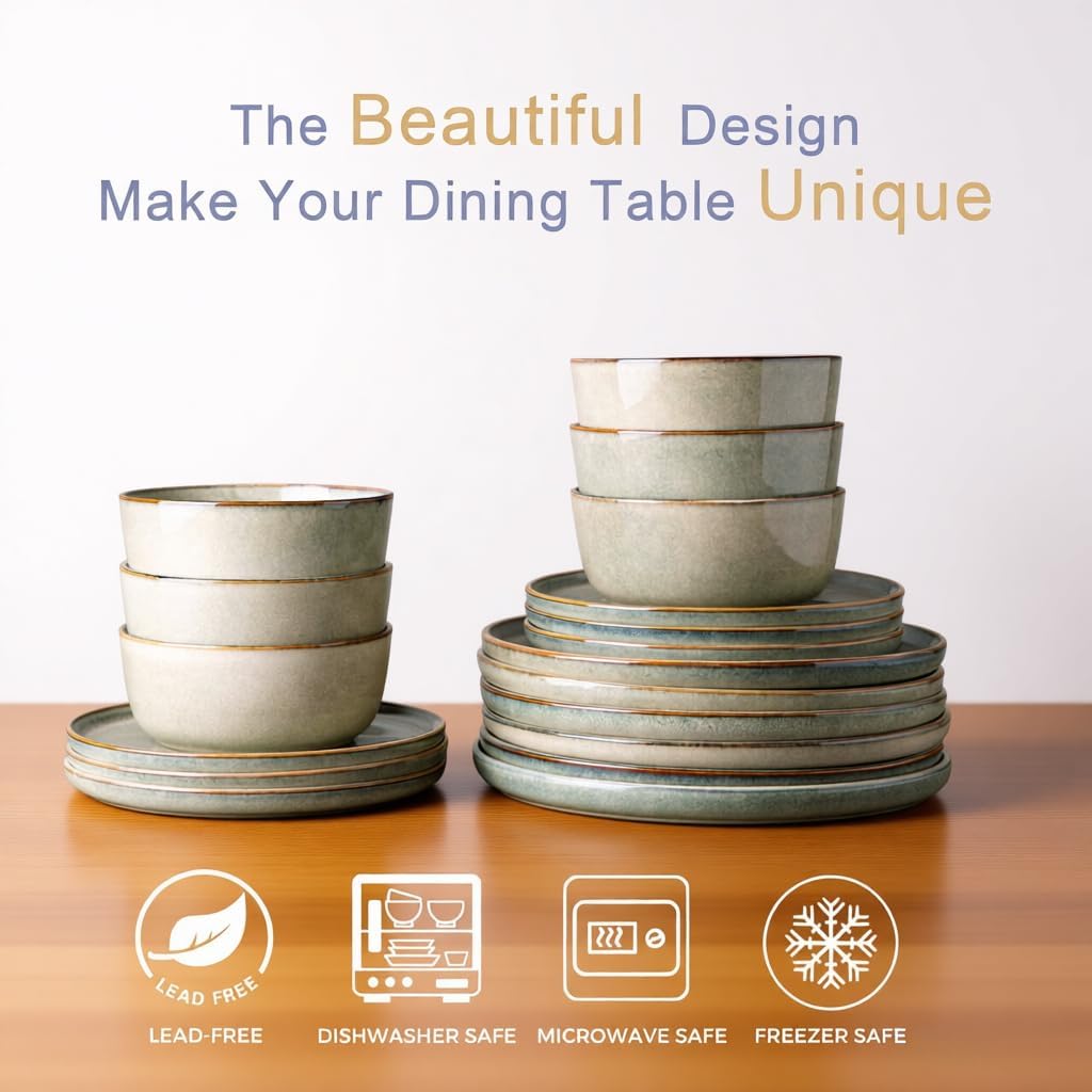 AmorArc Stoneware Dinnerware Sets,Round Reactive Glaze Ceramic Plates and Bowls Sets,Highly Scratch Resistant | Dishwasher & Microwave Safe,Service for 8 Dishes Set (24pc)