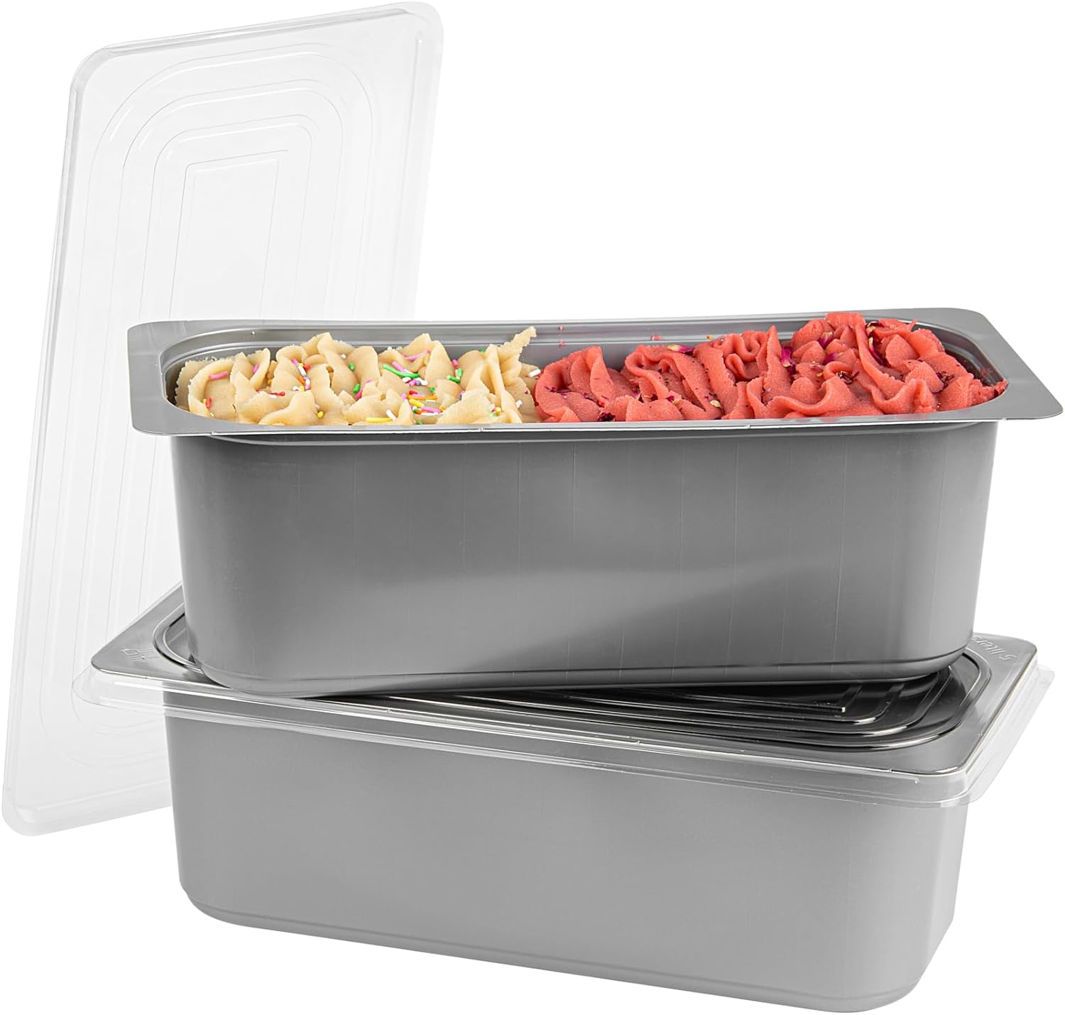 Restaurantware 5 Quart Ice Cream Tub, 100 Count, 5.28 Liter Capacity, Plastic Dessert Container, Rectangular Food Storage Box, Stackable Clear Lid, Gray