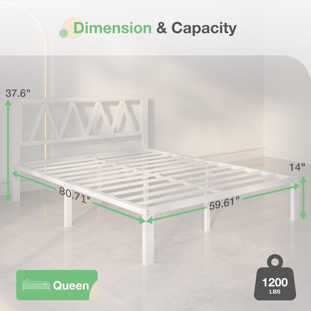 Novilla 14 Inch Queen Bed Frame with Headboard, White Metal Platform Bed Frame, Queen Size Bed Frame No Box Spring Needed, Easy Assembly