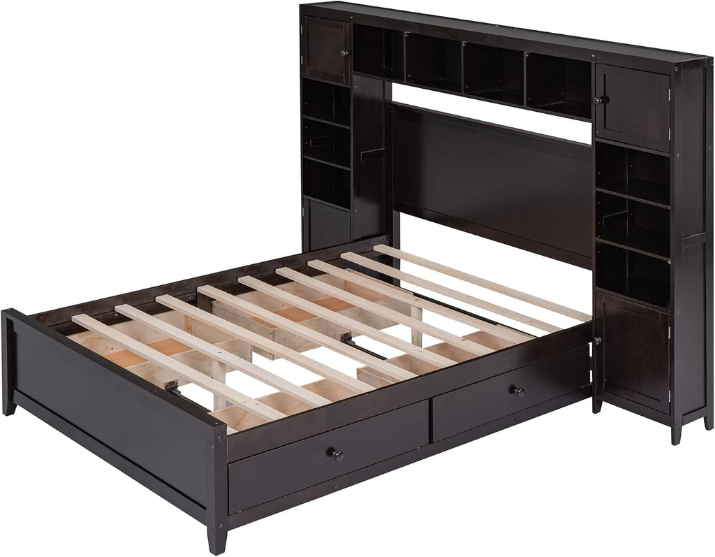 Harper & Bright Designs Wood Full Storage Bed Frame with Cabinet and Shelf, Full Size Platform Bed with 4 Drawers & Bookcase Headboard,Espresso