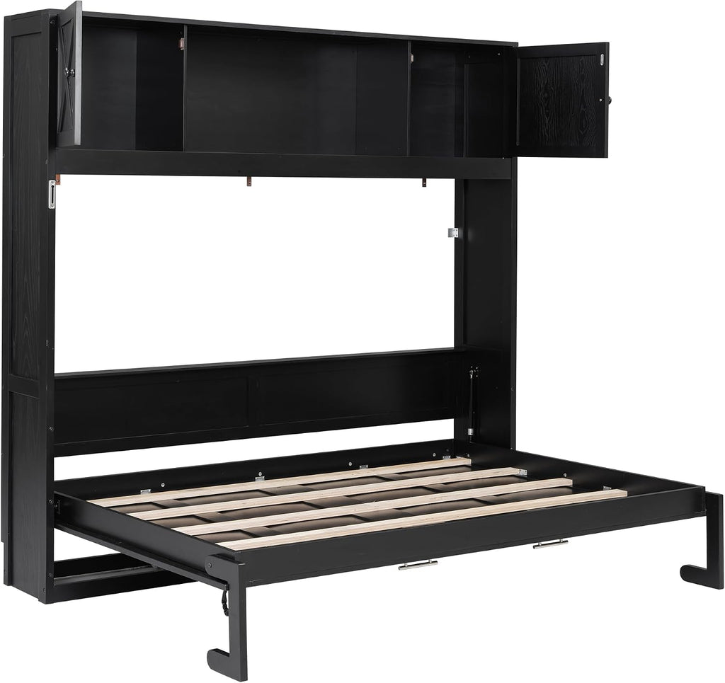 Harper & Bright Designs Full Size Murphy Bed, Wood Hidden Foldable Wall Bed Frame with Storage Cabinet for Bedroom, Office, Space-Saving, Black