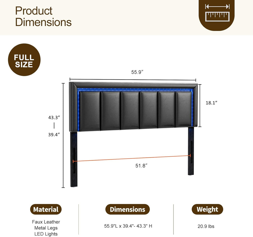 IKIFLY Full Size LED Headboard with 2 USB Ports, Adjustable Height - Modern Upholstered Faux Leather Full Headboard Only with Changing LED Lights, Easy Assembly, Black