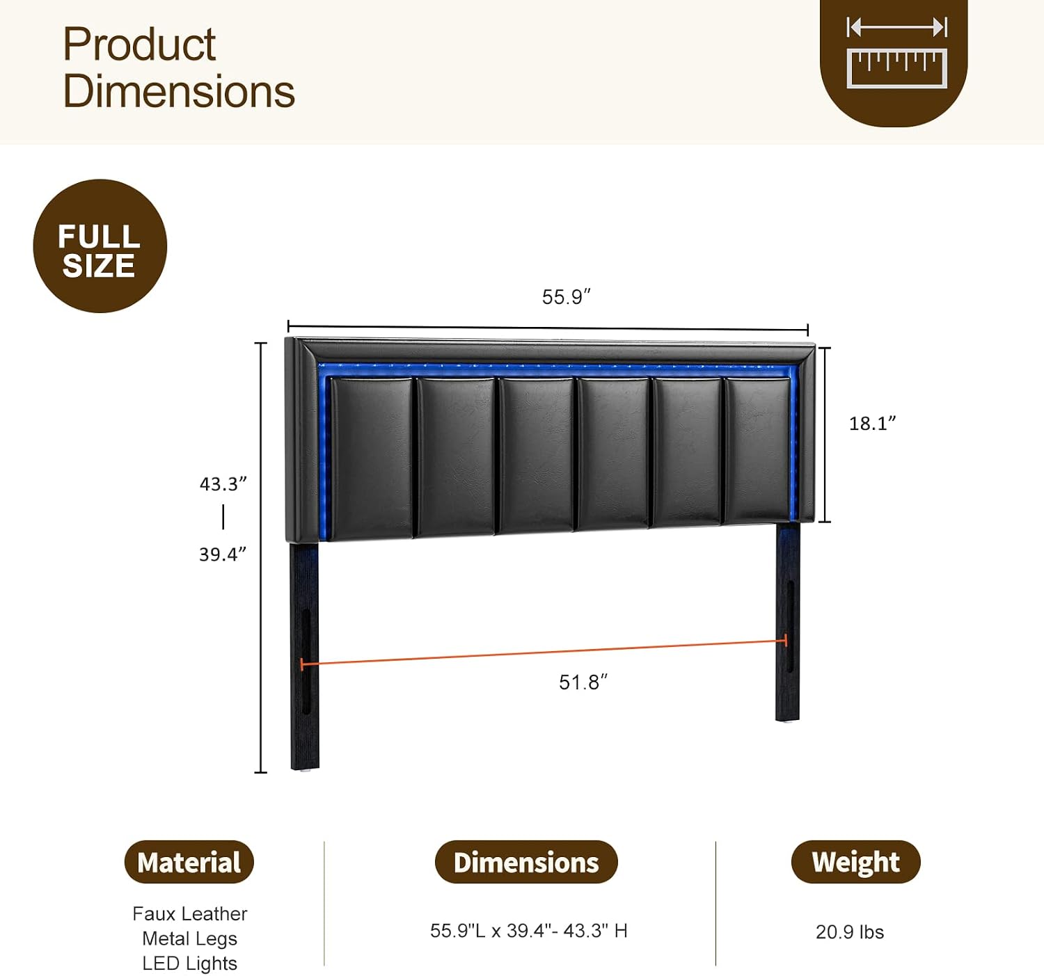 IKIFLY Full Size LED Headboard with 2 USB Ports, Adjustable Height - Modern Upholstered Faux Leather Full Headboard Only with Changing LED Lights, Easy Assembly, Black