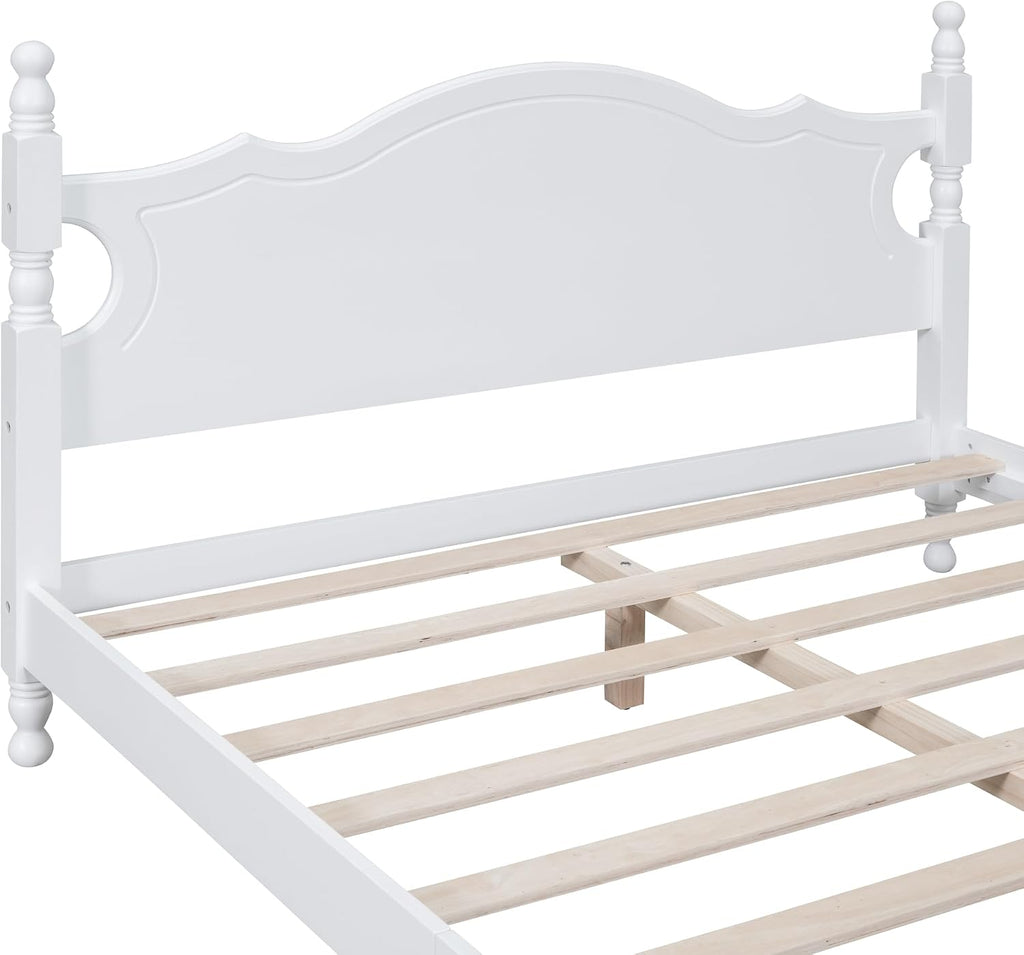 JIVOIT Retro Style Platform Bed with Headboard and Footboard, Queen Size Wood Platform Bed Frame with Wooden Slat Support, Solid Wood Foundation, No Box Spring Required (White,Queen,5)