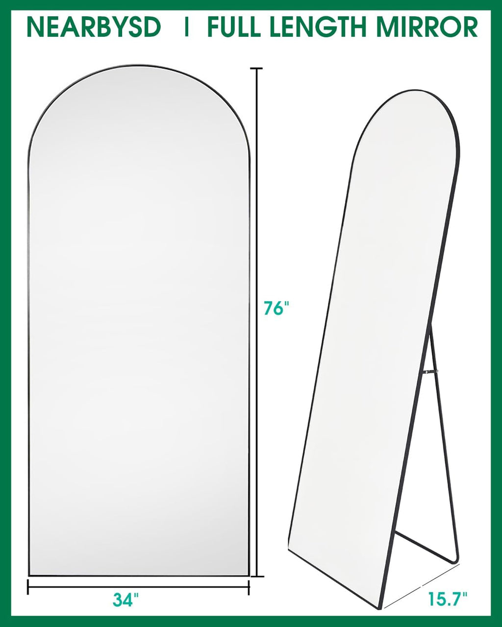 NEARBYSD Oversized Full Body Mirror with Stand, Arched Full Length Mirror, 76' x 34', Hanging or Leaning, Wall Mounted with Aluminum (Black)