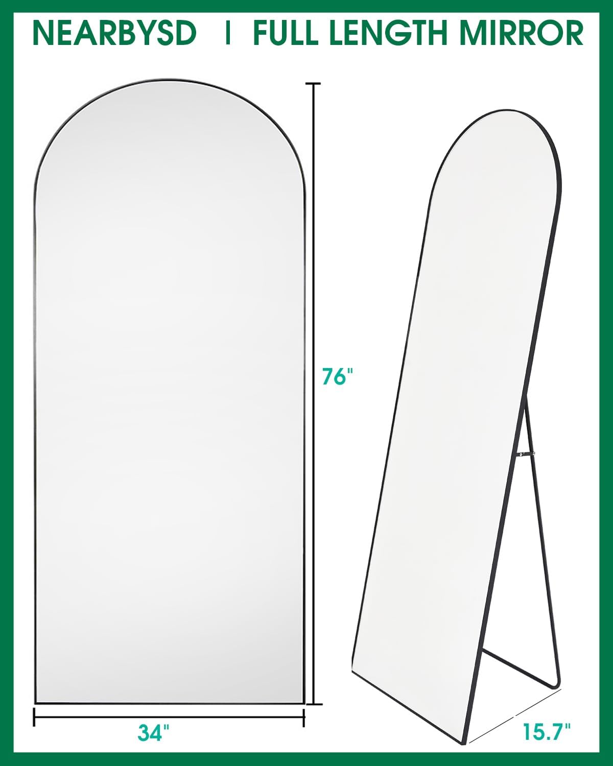 NEARBYSD Oversized Full Body Mirror with Stand, Arched Full Length Mirror, 76' x 34', Hanging or Leaning, Wall Mounted with Aluminum (Black)