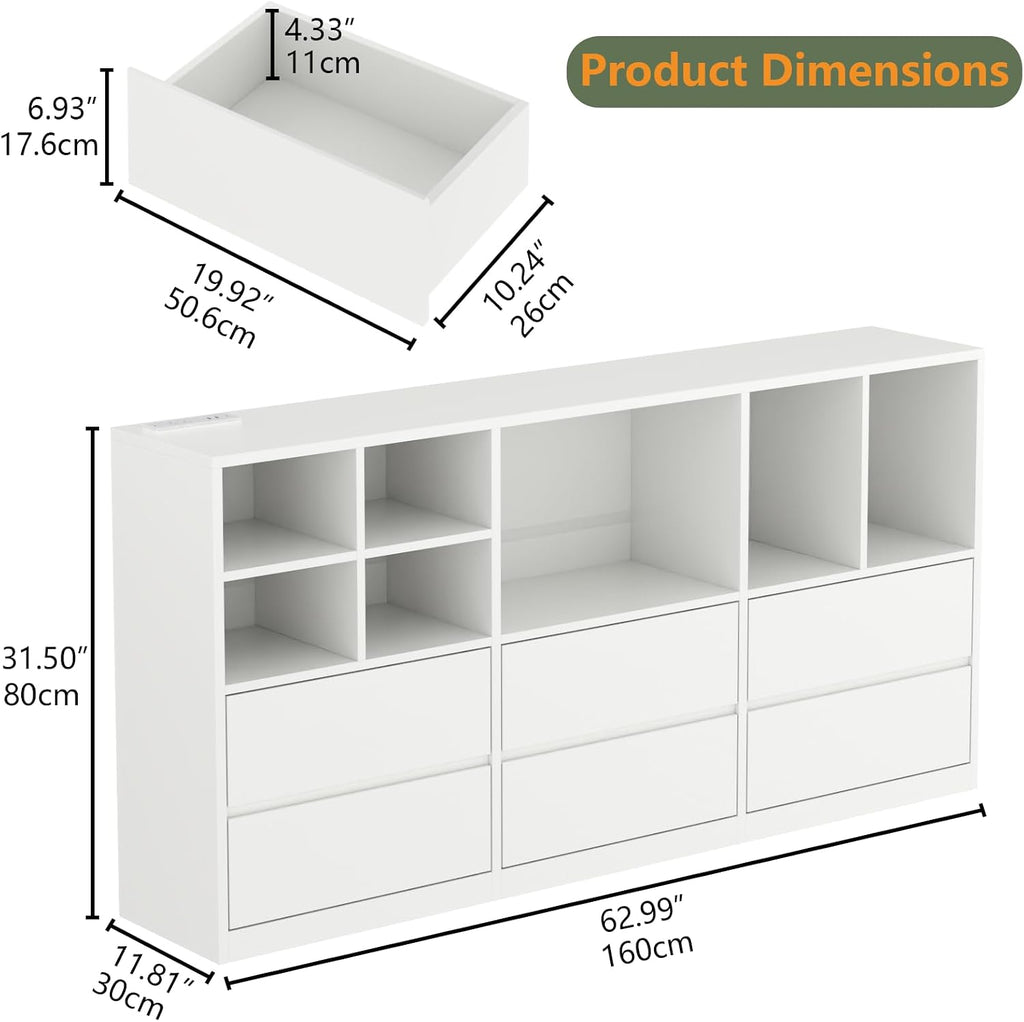 6 Drawers Dresser with 7 Storage Cubbies, LED Chest of Drawers with Power Outlet, 63' Triple Wide Long Dresser Organizer for Bedroom, Modern TV Stand with Open Shelf for Living Room, Entryway (White)