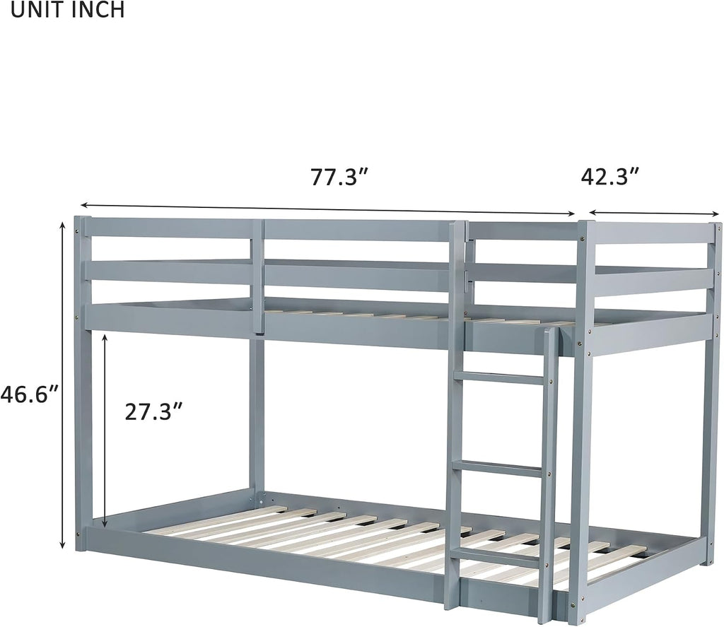Ball & Cast Solid Rubber Wooden Twin Over Twin Bunk Bed with Ladder and Full Length Guardrail,Low Bunkbed w/Slat Support,Bedroom Furniture for Girls Boys,Grey