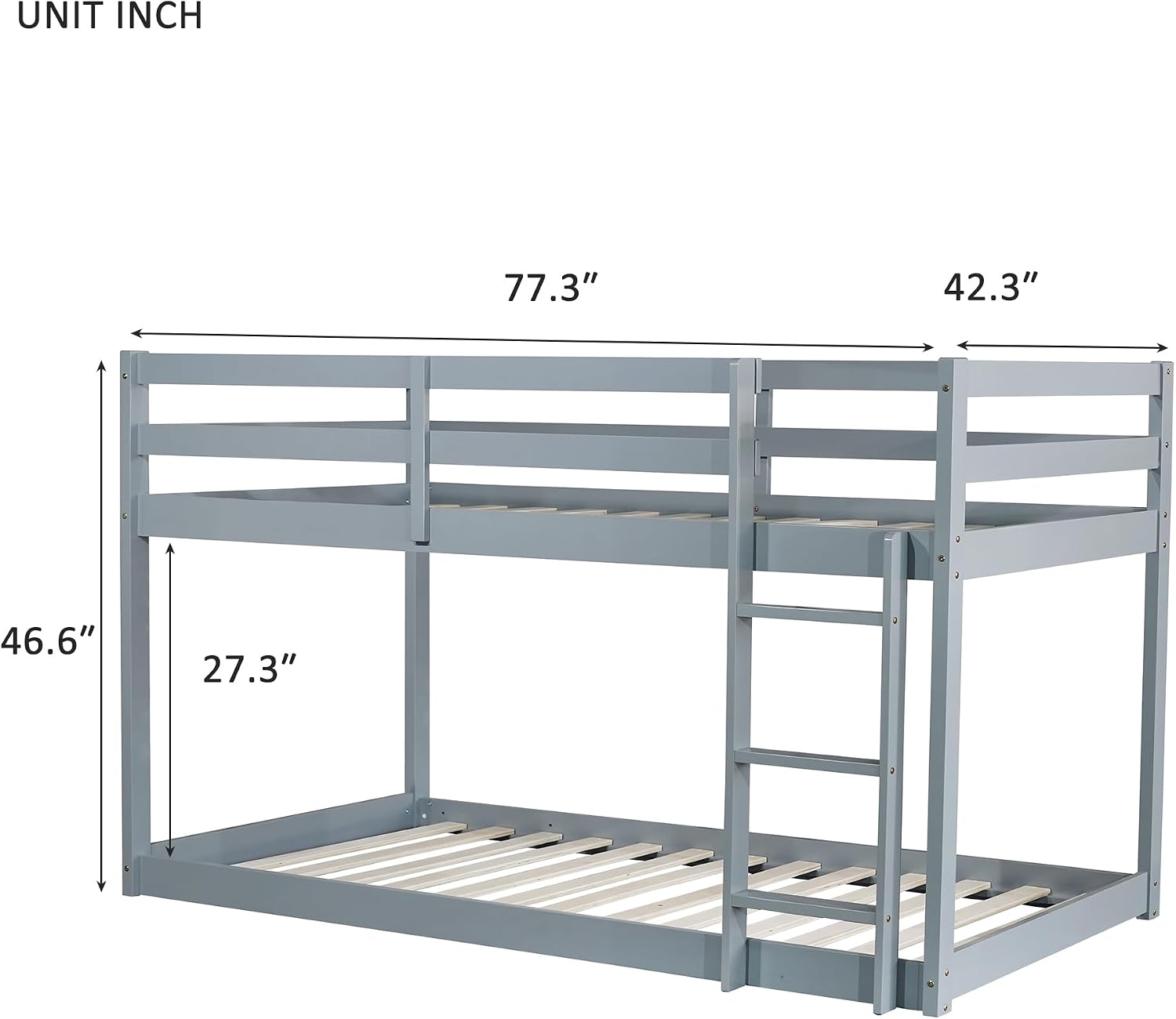 Ball & Cast Solid Rubber Wooden Twin Over Twin Bunk Bed with Ladder and Full Length Guardrail,Low Bunkbed w/Slat Support,Bedroom Furniture for Girls Boys,Grey