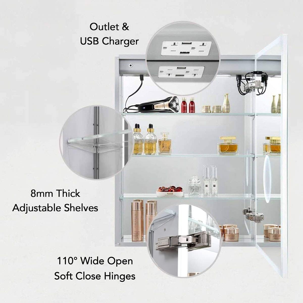 Blossom LED Lighted Mirror Medicine Cabinet, 20x32 Inch, Right Hinge, Recessed/Surface Bathroom LED Medicine Cabinet with Mirror, Defogger, Adjustable Brightness, 3X Makeup Mirror, Outlets & USB Ports