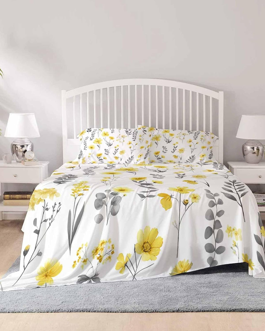 Yellow Spring Floral Cal King Sheet Set 4 Piece Bedding - Flowers Botanical Elegant Pastoral Breathable Comfy Cooling Bed Sheets & Pillowcase Sets, Hotel Luxury Flat Sheets Deep Pockets Fitted Sheet