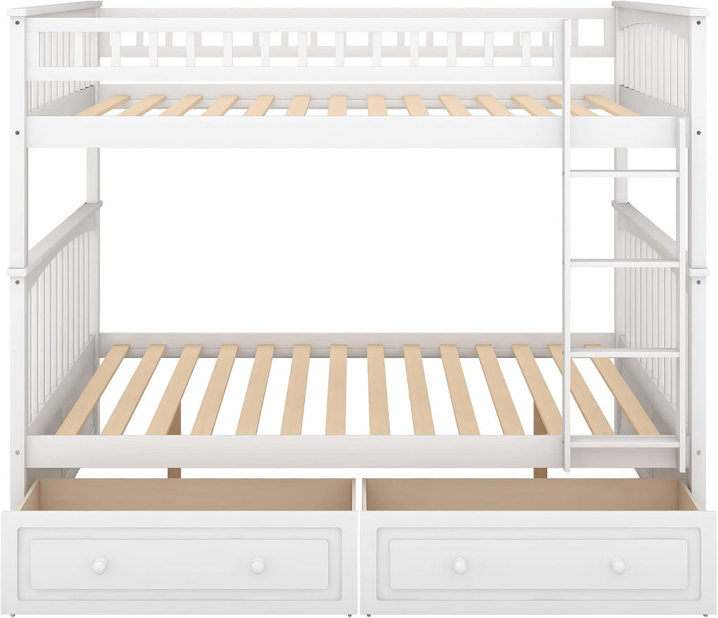 Full Over Full Wood Bunk Bed with Two Storage Drawers, Solid Wood Convertible Storage Bunk Bed Can Be Convertible to 2 Beds, Frame with Ladder, Safety Rail for Teens Adults (Gray)