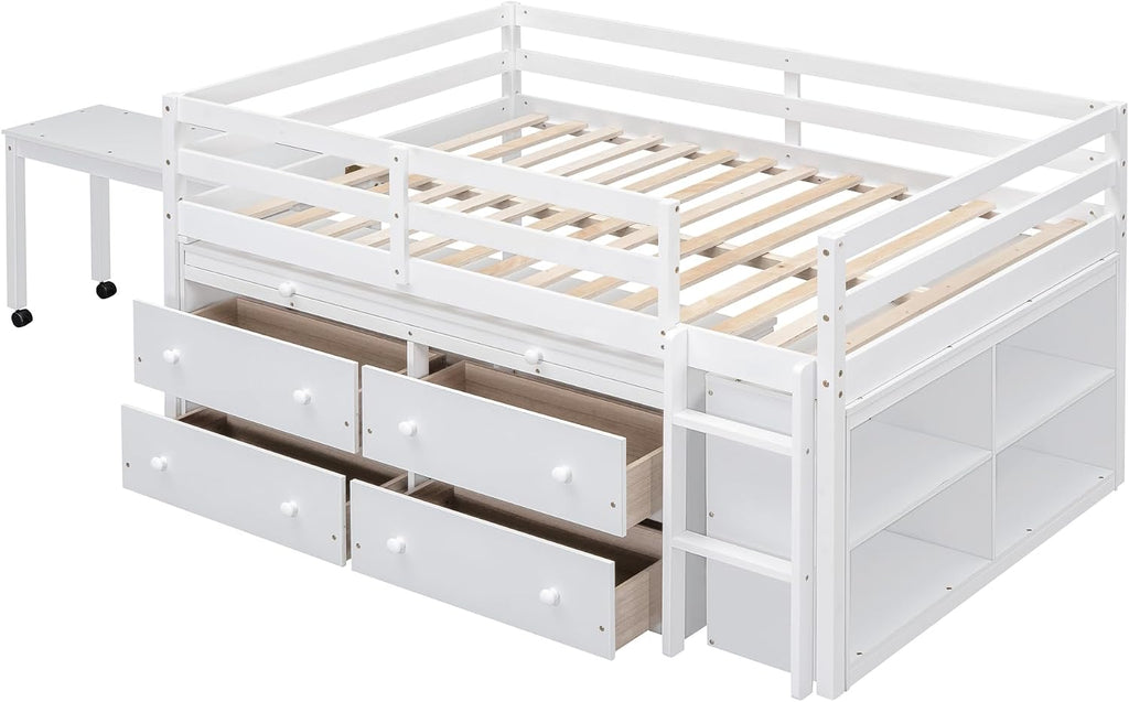 JIVOIT Full Size Low Loft Bed with Retractable Writing Desk, Storage Bed with 4 Drawers and Shelves, Wooden Loft Bed with Lateral Portable Desk for Kids Teens Adults Bedroom (White,Full,9)