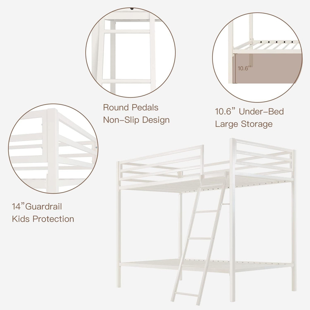 ikalido Metal Loft Bunk Bed Twin Over Twin Size with Safety Guardrail and Ladder, No Box Spring Needed Space Saving Bedroom Furniture, Cream White