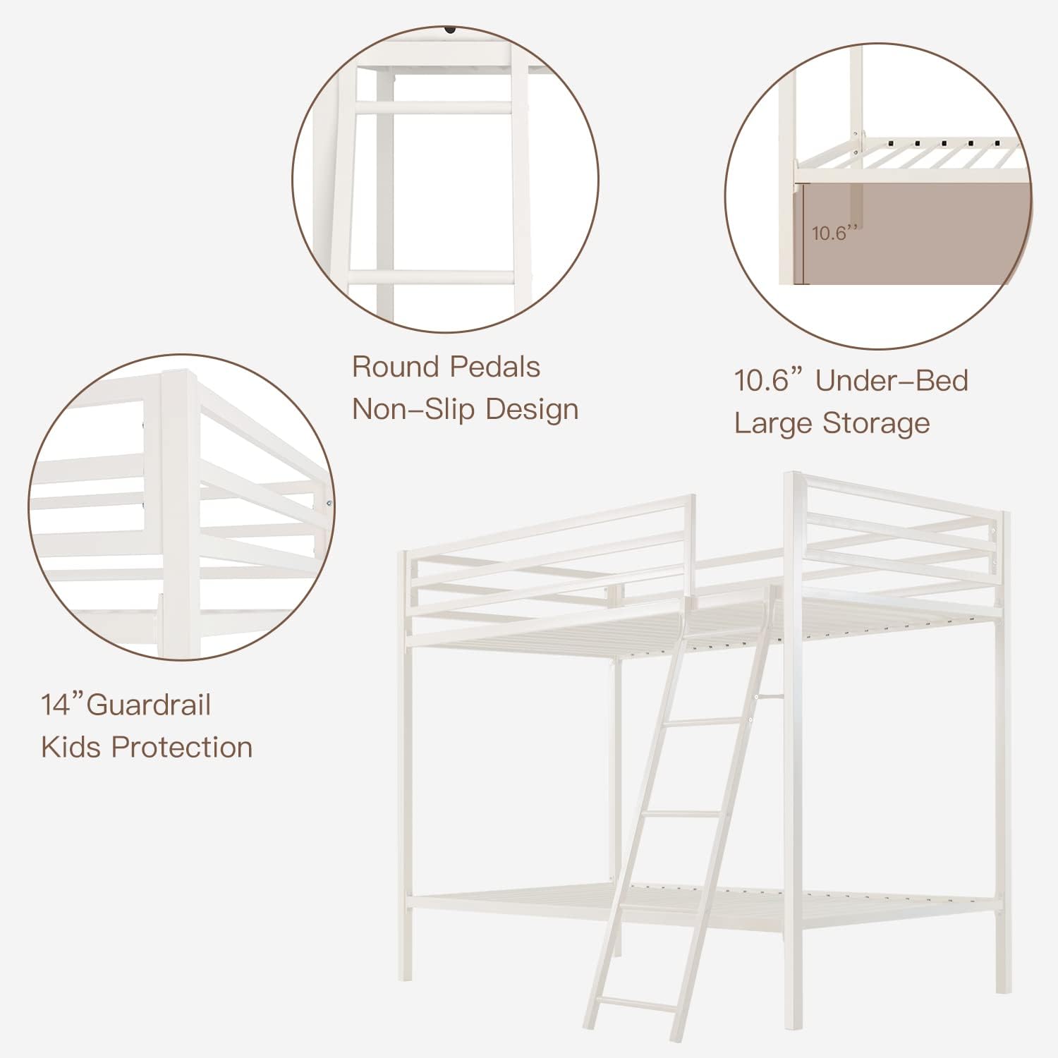 ikalido Metal Loft Bunk Bed Twin Over Twin Size with Safety Guardrail and Ladder, No Box Spring Needed Space Saving Bedroom Furniture, Cream White