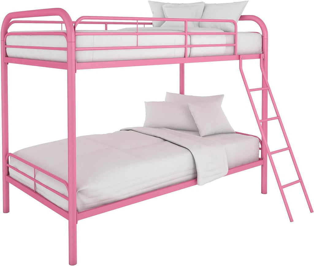DHP Dusty Twin over Twin Metal Bunk Bed with Secured Ladder, Pink
