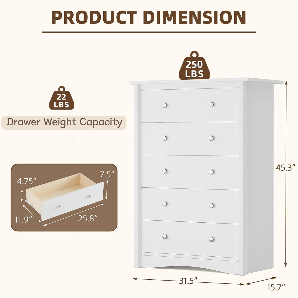 YESHOMY Tall Dresser for Bedroom with 5 Drawers, Modern Chest of Drawers, Wooden Dressers, TV Stand for Living Room,Closet, Hallway (White)