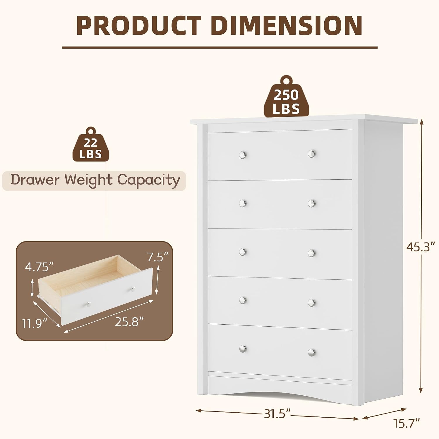 YESHOMY Tall Dresser for Bedroom with 5 Drawers, Modern Chest of Drawers, Wooden Dressers, TV Stand for Living Room,Closet, Hallway (White)