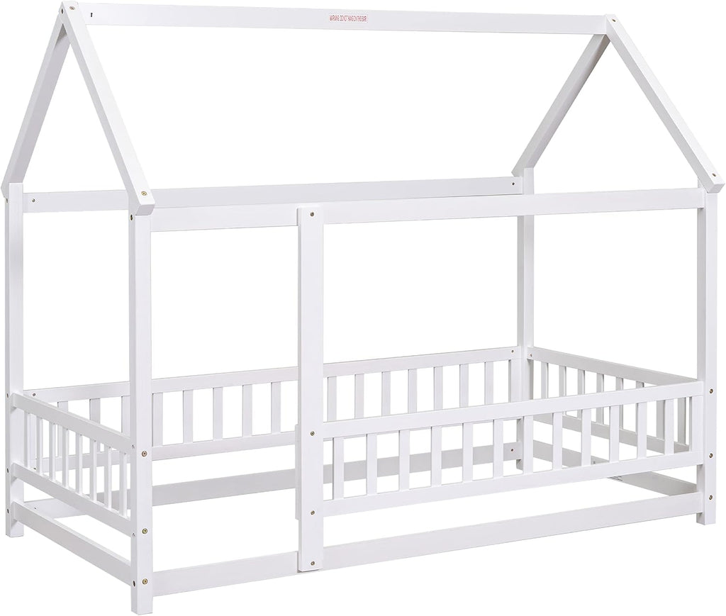 Bellemave Twin Size House Floor Bed,Wooden Montessori Bed with Fence and Roof for Kids,Twin Bed Frame for Boys,Girls(Twin,White)