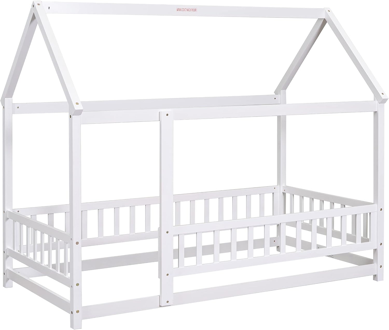 Bellemave Twin Size House Floor Bed,Wooden Montessori Bed with Fence and Roof for Kids,Twin Bed Frame for Boys,Girls(Twin,White)