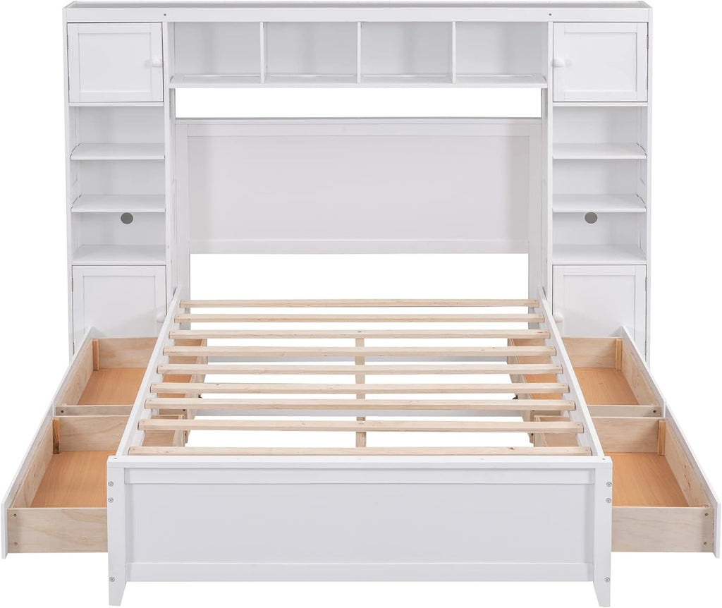 Merax Full Size Platform Bed with 4 Drawers, Wooden Full Bed with All-in-One Cabinet and Shelf, White