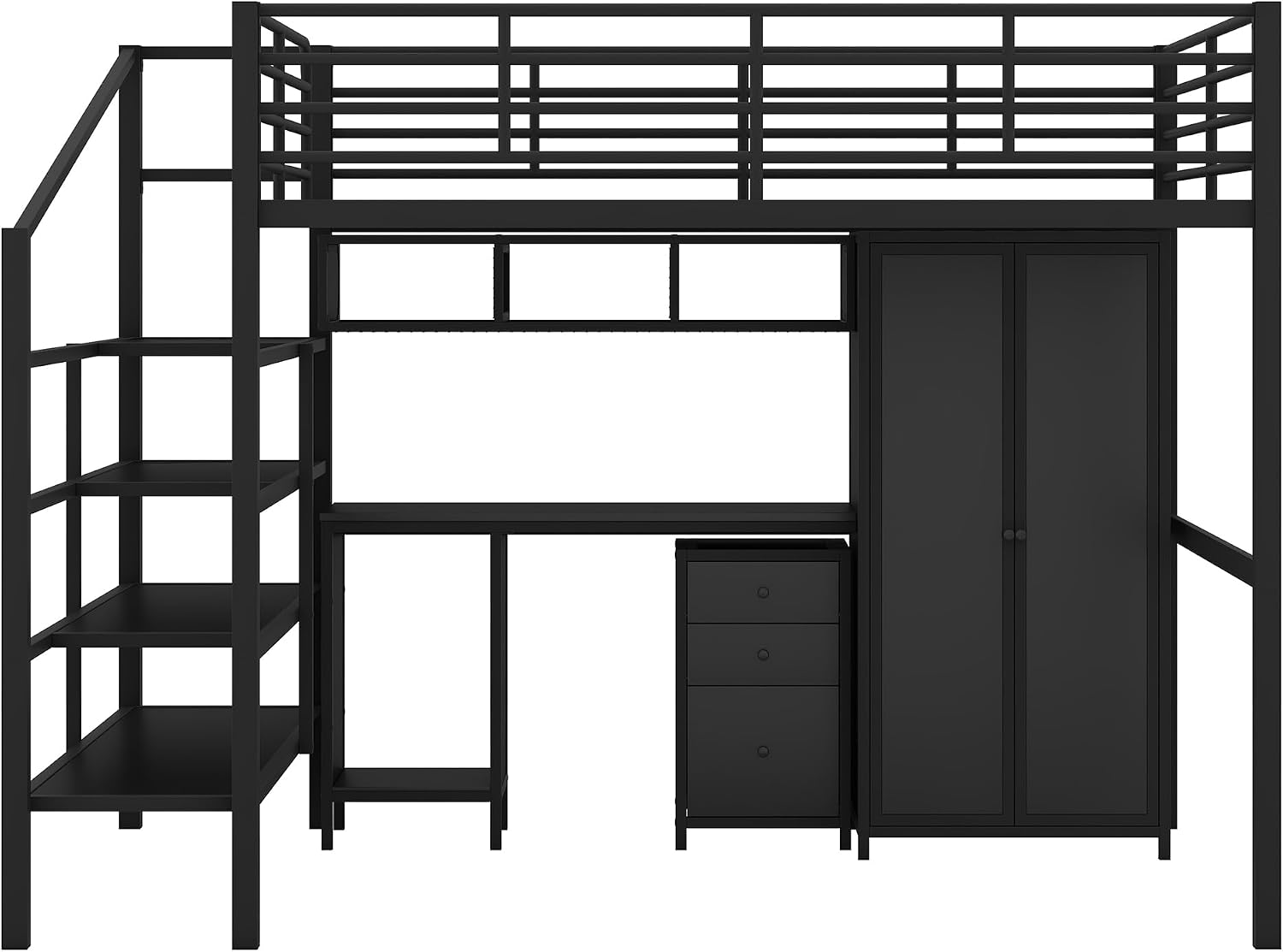 Full Size Loft Bed with Table Set, Wardrobe and Drawers, Metal Loft Bed Frame with Storage Staircase and Full-Length Guardrail for Kids Teens Boys Girls Adults Bedroom (Black-04)