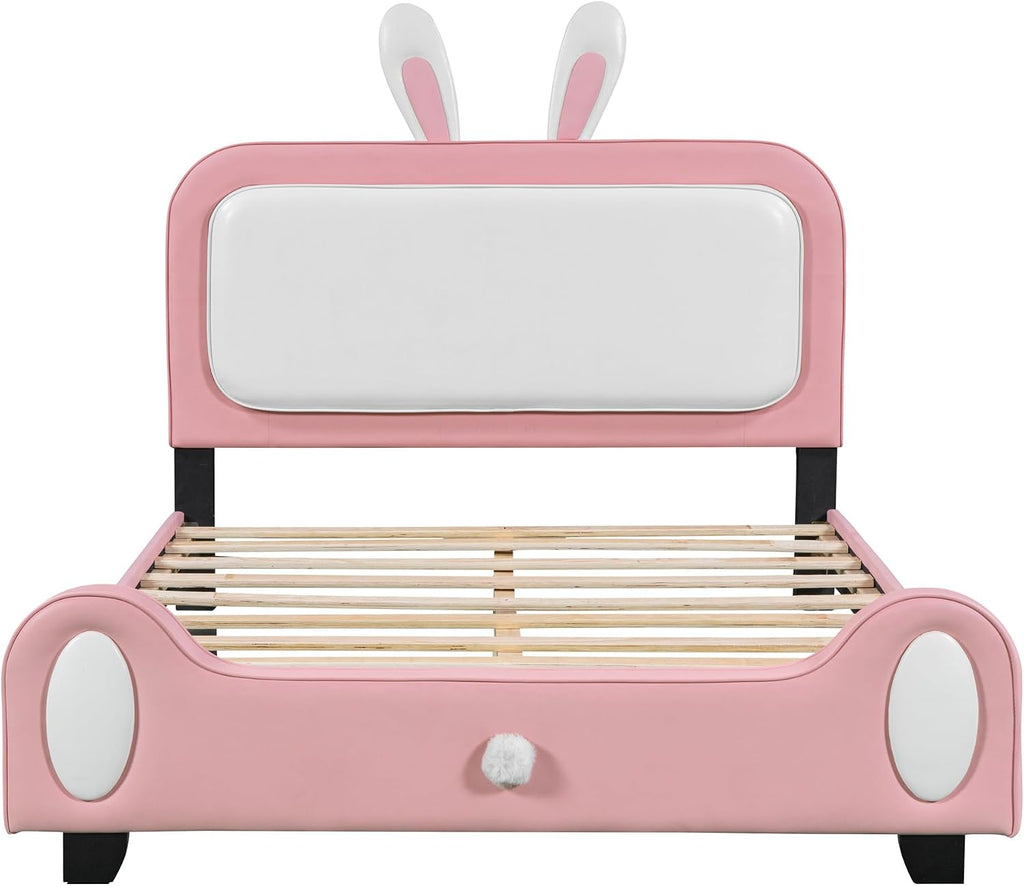 Full Size Upholstered Rabbit-Shape Princess Bed,with Headboard and Footboard Frames Platform Bed for Girls Boy Teen Full Bed Frames for Kids Bedroom Atmosphere Easy to Assemble (Pink+White, Full)