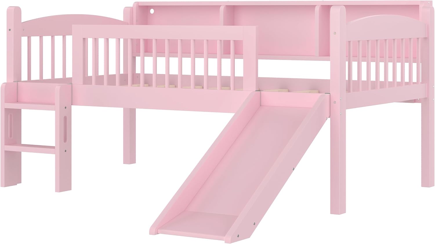 JIVOIT Twin Loft Bed with Storage Shelves, Solid Wood Lower Loft Bed with Full-Length Guardrails, Wood Slats Support, Space-Saving Design, No Box Spring Needed (Pink,Twin,51)
