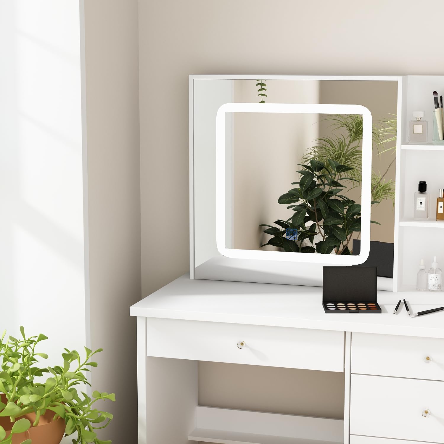 Vanity Desk Set with Lighted Mirror, Makeup Vanity with Drawer & Shelf, Dressing Table with Cushion Stool, Vanity Set for Bedroom, White