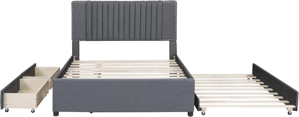 Merax Full Size Upholstered Platform Bed with 1 Twin Size Trundle and 2 Drawers,Soft Classic Headboard Design,Grey