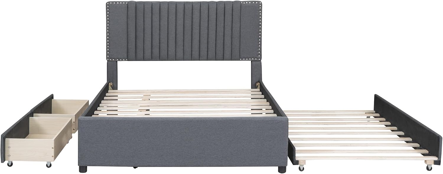 Merax Full Size Upholstered Platform Bed with 1 Twin Size Trundle and 2 Drawers,Soft Classic Headboard Design,Grey
