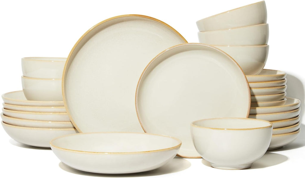 Pokini 24 Piece Double Bowl Dinnerware Sets with Pasta Bowls, Highly Chip and Crack Resistant Plates and Bowls Sets, Natural Earthyware Ceramic Dishware Sets, Service for 6 Yellow White