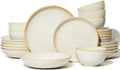 Pokini 24 Piece Double Bowl Dinnerware Sets with Pasta Bowls, Highly Chip and Crack Resistant Plates and Bowls Sets, Natural Earthyware Ceramic Dishware Sets, Service for 6 Yellow White