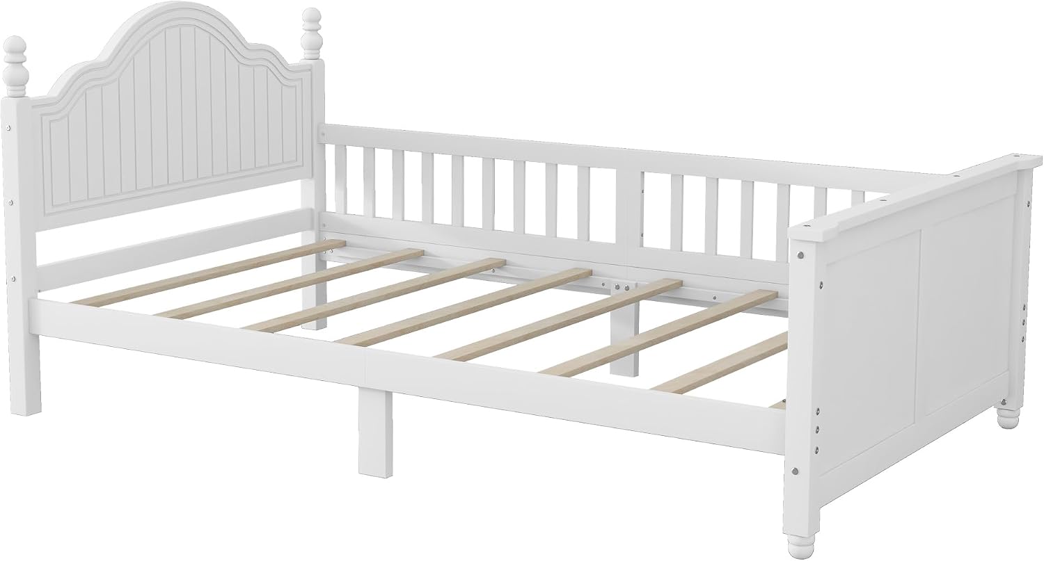 KEIKI Twin Size Wooden Floor Bed w/Safety Removable Rails, Kids Platform DayBed Frame w/Headboard, Low Profile, Space Saving Day Beds for Boys Girls Bedroom, No Box Spring Needed, Easy Assembly, White