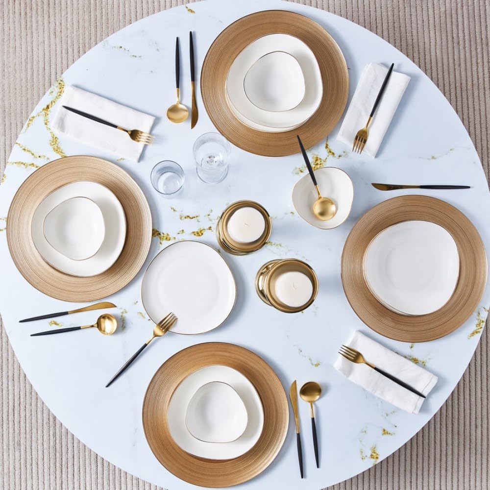 Karaca Streamline Middle 12-Piece New Generation Bone China Dinnerware Set - Kitchen Dishware Dining Set for 4 People - White and Gold Plates and Bowls Set