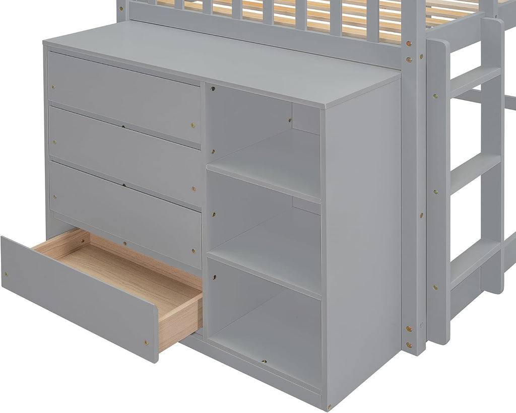 Merax Twin Over Twin Bunk Bed with 4 Drawers and 3 Shelves, Gray Bed Frame Wooden, No Box Spring Needed