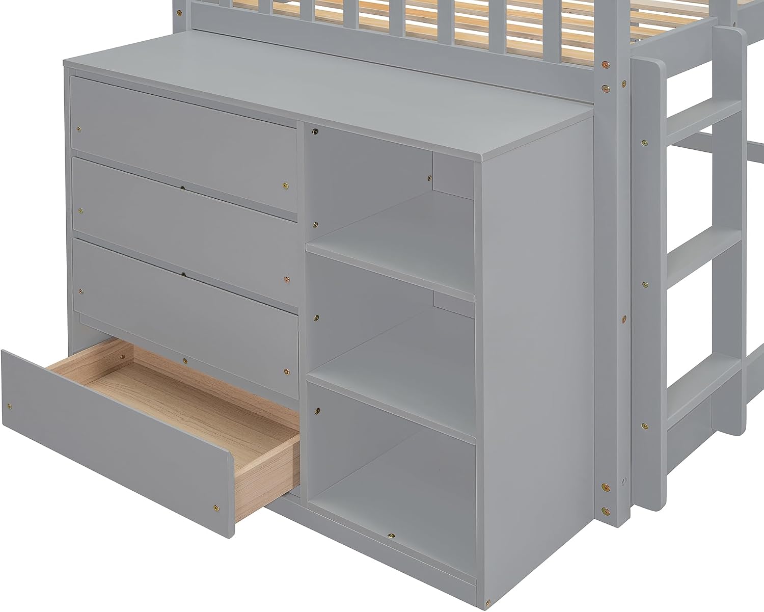 Merax Twin Over Twin Bunk Bed with 4 Drawers and 3 Shelves, Gray Bed Frame Wooden, No Box Spring Needed