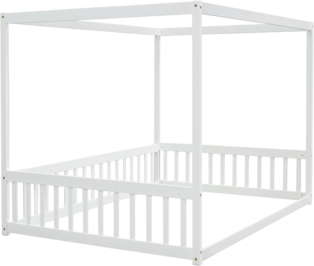 Full Size Canopy Bed Frame with Guardrails for Kids,Floor Bed Full with Four Poster Design,Kids Montessori Floor Bed,Wood Canopy Bed Frame for Girls,Boys(Full,White)