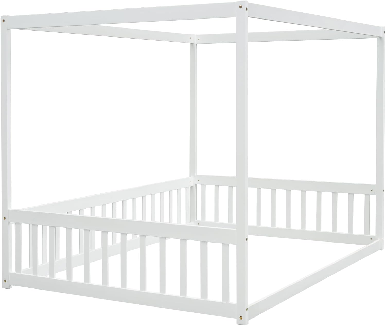 Full Size Canopy Bed Frame with Guardrails for Kids,Floor Bed Full with Four Poster Design,Kids Montessori Floor Bed,Wood Canopy Bed Frame for Girls,Boys(Full,White)