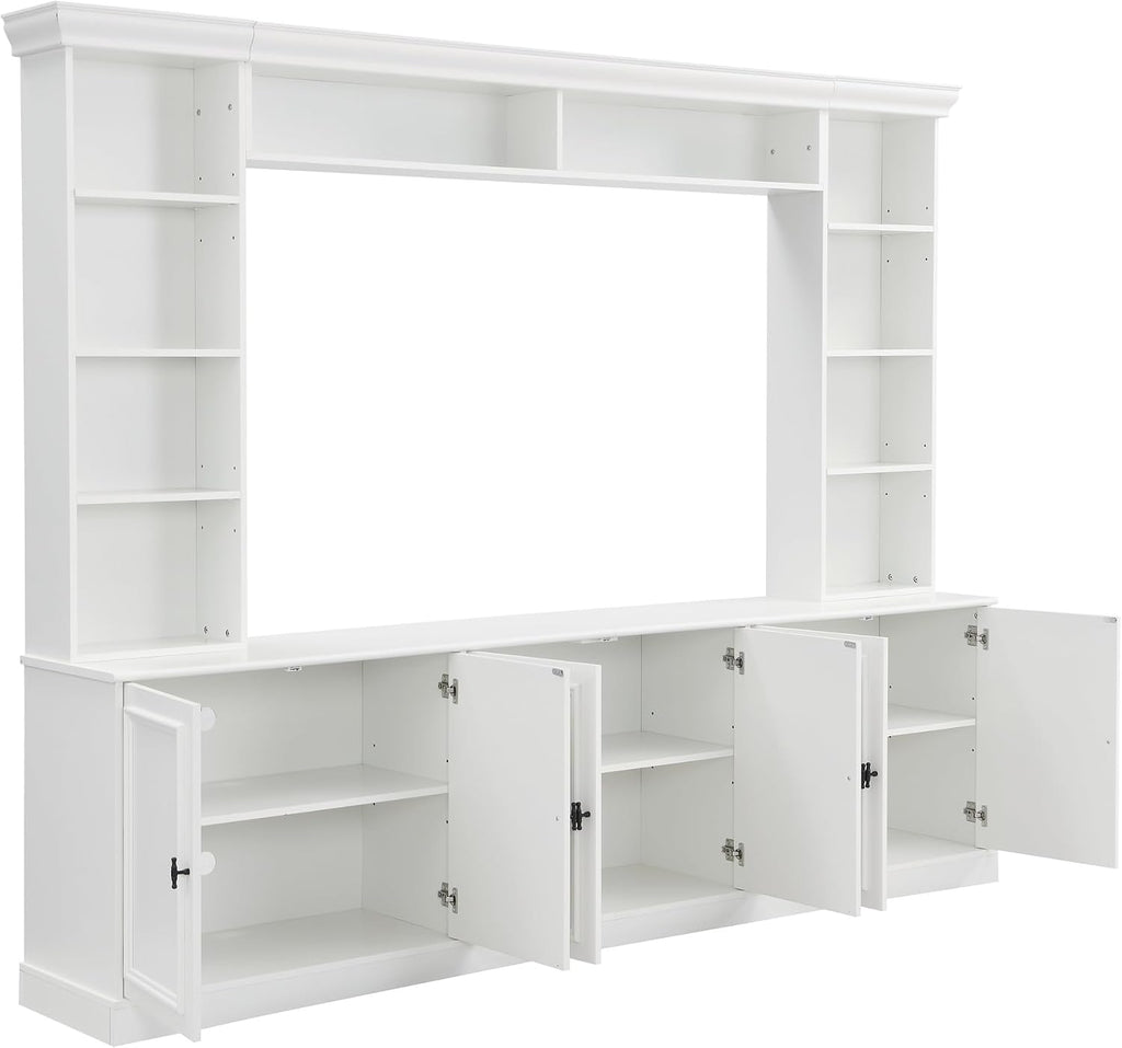 97.4' Entertainment Center Wall Unit with Bookshelves, 4-Piece Modern TV Stand for TVs up to 70' with 6 Doors & Adjustable Shelves for Living Room, White