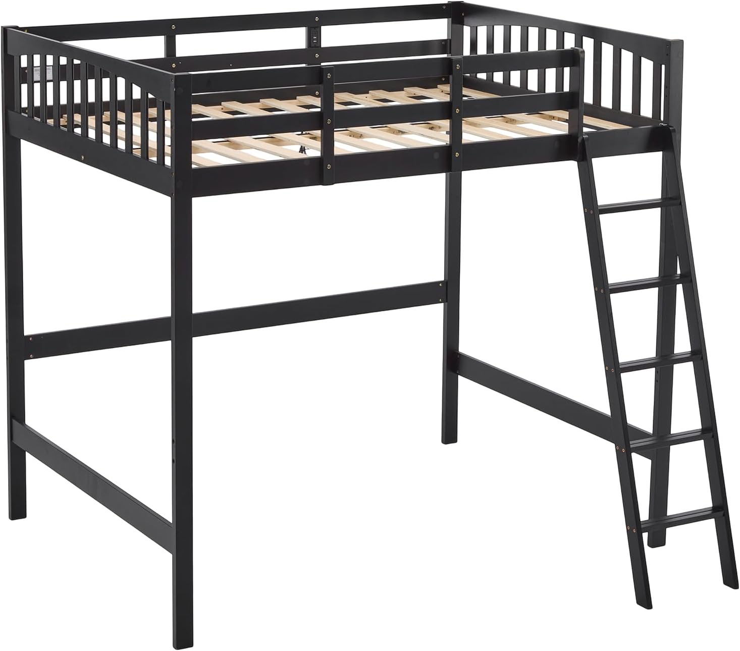 VINGLI Loft Bed Full Size with 15 inches Guardrail/USB Charging Station/LED, Solid Wood Double High Sleeper with Flat Rungs for Kids/Teens/Adults,No Box Spring Needed, Black