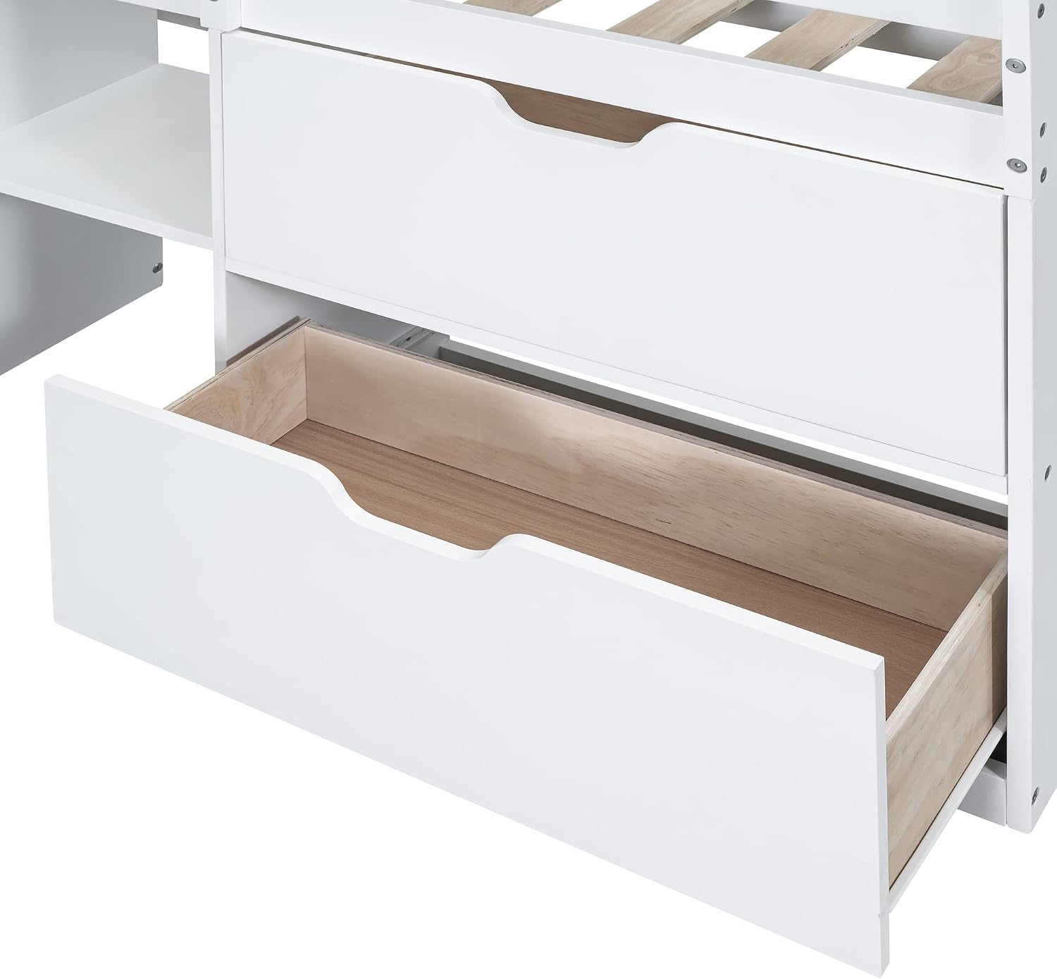 JIVOIT Wooden Low Loft Bed Frame with Rolling Desk, Two Drawers and Two-Tier Bookshelf, Twin Size Loft Bed with Blackboard, Full-Length Guardrail and Built-in Stair (White with Rolling Desk 013)